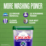 Green background infographic listing benefits like 2x grease removal and scrubbing with Cascade tub image