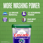 Green infographic with Cascade tub and icons highlighting 2x grease removal, scrubbing power, and cleans residue