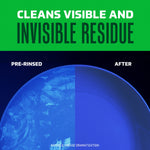 Graphic split showing pre-rinsed versus after plate dramatization under 'Cleans visible and invisible residue' headline
