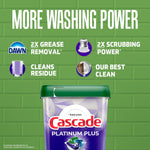 Green infographic panel listing washing benefits above an image of a Cascade Platinum Plus tub on a tiled background.