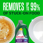 Cascade Platinum bottle centered between a dirty plate and a clean plate on a bright green background with 'removes up to 99%' text