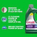 Partial Cascade Platinum bottle at right with green background and callouts highlighting grease fighting and cleaning power