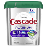 Close-up front of Cascade Platinum silver tub with green lid showing product name, Dawn badge and 59 actionpacs label