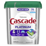 Close-up front shot of Cascade Platinum silver tub with green lid showing logo, pod illustration and feature icons, 71 actionpacs label