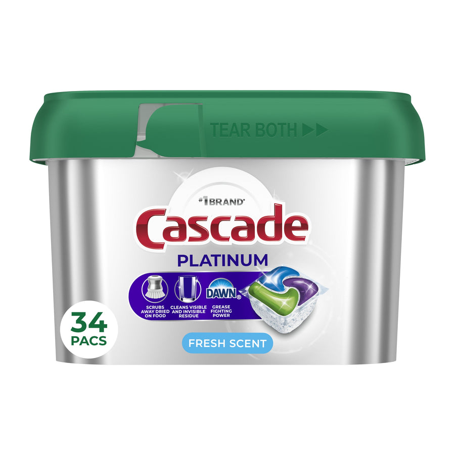 Front-facing silver Cascade Platinum container with green lid showing 34 pacs badge and product icons including Dawn logo
