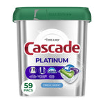 Front view of Cascade Platinum silver tub with green lid showing Dawn partnership icons and '59 pacs' label