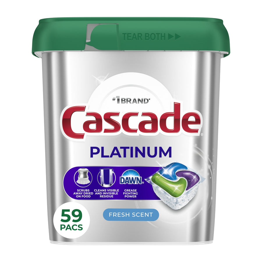 Front view of Cascade Platinum silver tub with green lid showing Dawn partnership icons and '59 pacs' label