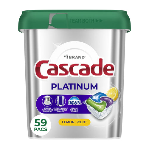 Front view of Cascade Platinum silver tub with green lid, logo, lemon slice and three-color dishwasher pod image