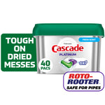 Cascade Platinum dishwasher pacs tub with green lid and marketing badges reading Fresh Scent and 40 pacs