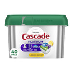 Front-facing Cascade Platinum silver tub with green lid showing 40 pacs badge, lemon scent label and detergent pod image