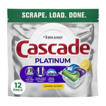Cascade Platinum lemon scent pouch front showing product name, Dawn logo, pod image and '12 pacs' badge