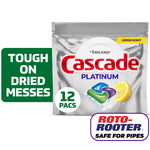 Front of Cascade Platinum lemon-scent dishwasher pacs resealable pouch with 12 pacs callouts and Roto-Rooter badge