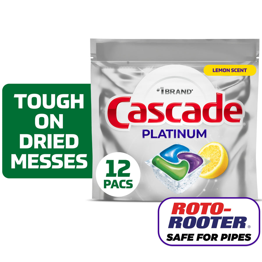 Front of Cascade Platinum lemon-scent dishwasher pacs resealable pouch with 12 pacs callouts and Roto-Rooter badge