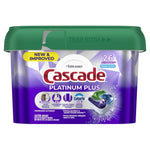 Plastic tub of Cascade Platinum Plus dishwasher pods with green lid and purple label showing a 26 count actionpacs badge