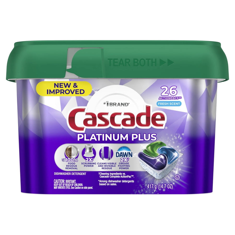 Plastic tub of Cascade Platinum Plus dishwasher pods with green lid and purple label showing a 26 count actionpacs badge