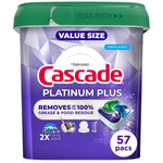 Cascade Platinum Plus value size tub with green lid and label showing 57 pacs and Dawn 2X grease fighting icon