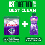 Promotional graphic showing Cascade Platinum Plus tub next to a Cascade Clean + Dry Booster bottle with text encouraging use together.