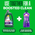 Promotional graphic showing Cascade Platinum bottle plus a purple Cascade Clean & Dry booster with text about boosted clean