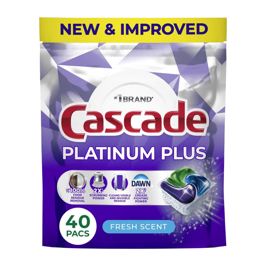 Purple and silver Cascade Platinum Plus pouch with logo, pod image and 'fresh scent' label