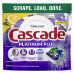 Front of Cascade Platinum Plus dishwasher detergent pouch with lemon graphic, Dawn logo and image of a green-blue action pac.