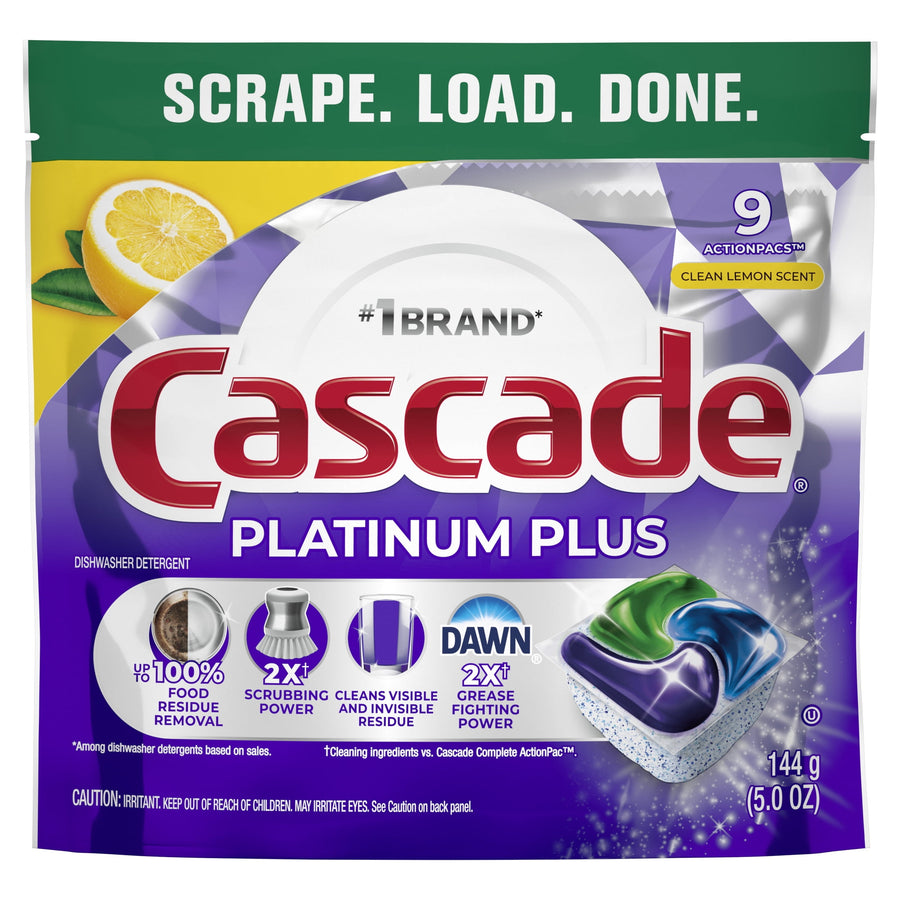 Front of Cascade Platinum Plus dishwasher detergent pouch with lemon graphic, Dawn logo and image of a green-blue action pac.