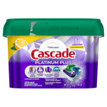Front of Cascade Platinum Plus dishwasher detergent tub with purple label, lemon graphic and pod image