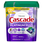 Front of Cascade Platinum Plus dishwasher pod tub with purple packaging, lemon scent callout and actionpacs graphic