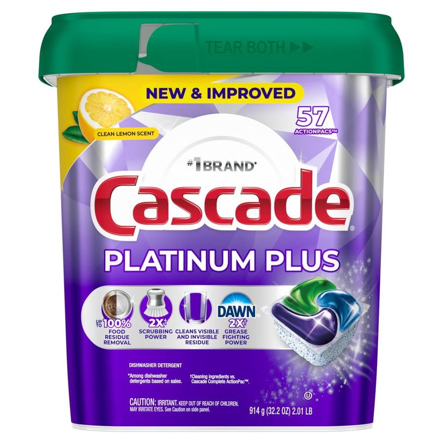 Front of Cascade Platinum Plus dishwasher pod tub with purple packaging, lemon scent callout and actionpacs graphic