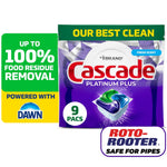 Purple Cascade Platinum Plus package with a single dishwasher pod graphic, green header reading ‘OUR BEST CLEAN’ and Roto-Rooter badge
