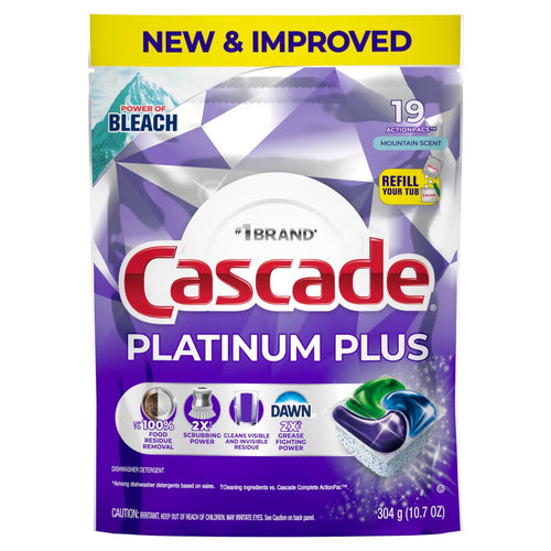 Front of a purple Cascade Platinum Plus dishwasher pod pouch showing logo, product name, mountain scent callout and a pod image