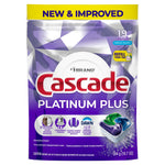 Front of a purple Cascade Platinum Plus dishwasher detergent pouch showing brand logo, pod image, and 'New & Improved' banner