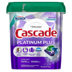 Front of a Cascade Platinum Plus dishwasher pod tub with purple packaging, brand logo and pod image