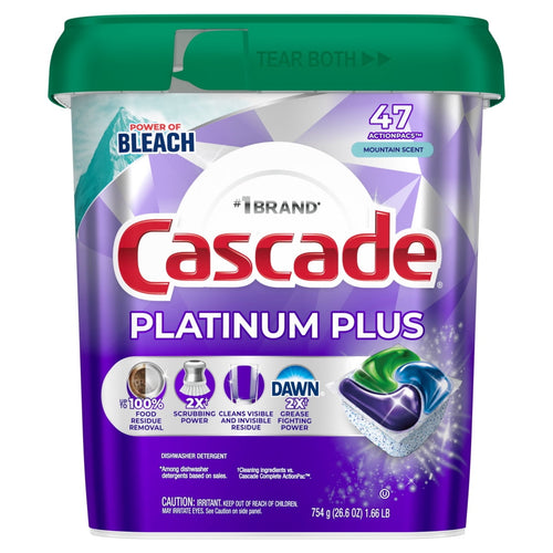 Front of a Cascade Platinum Plus dishwasher pod tub with purple packaging, brand logo and pod image