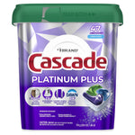 Front-facing Cascade Platinum Plus purple tub with green lid and a large image of a detergent pod