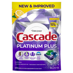 Front of a Cascade Platinum Plus dishwasher pod pouch with purple design, lemon graphic and '19' count callout