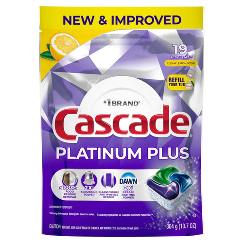 Front of a Cascade Platinum Plus dishwasher pod pouch with purple design, lemon graphic and '19' count callout