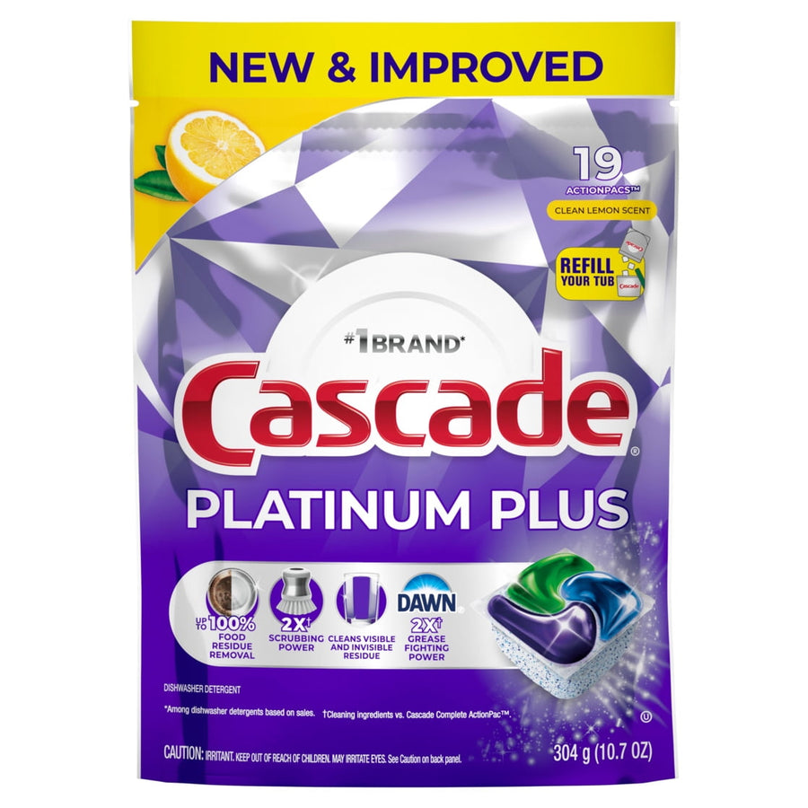 Front of a Cascade Platinum Plus dishwasher pod pouch with purple design, lemon graphic and '19' count callout