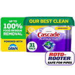 Cascade Platinum Plus lemon-scent pod tub with promotional badges for Dawn power and Roto-Rooter safe-for-pipes
