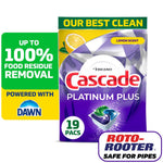 Front-facing pouch of Cascade Platinum Plus dishwasher pods with lemon scent branding and Dawn badge