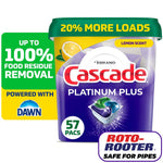 Cascade Platinum Plus tub with lemon scent branding, 57 pacs callout and Roto-Rooter safe-for-pipes badge