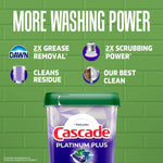 Green background ad panel with Cascade Platinum Plus tub and icons highlighting 2x grease removal and cleaning power