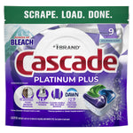 Front-facing pouch of Cascade Platinum Plus dishwasher detergent showing Cascade logo, a pictured action pac and label noting mountain scent and 9 actionpacs