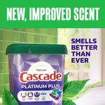 Cascade Platinum Plus tub on a kitchen background with 'New, improved scent' headline and mint leaves graphic