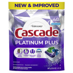 Cascade Platinum Plus dishwasher detergent pouch front showing brand name, pod image and purple packaging