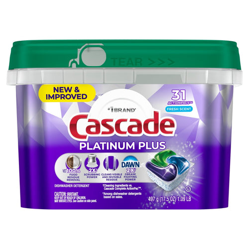Cascade Platinum Plus purple plastic tub with green lid showing brand logo, Dawn badge and a triple‑chamber dishwasher pod illustration.