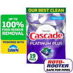 Cascade Platinum Plus purple pouch with 19 pacs callout and Dawn logo, green banner reading Our Best Clean and Roto-Rooter safe-for-pipes badge.