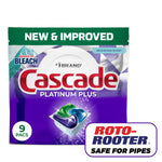 Front-facing pouch of Cascade Platinum Plus dishwasher pods with purple design and visible pod image