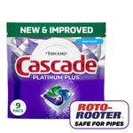 Front-facing pouch of Cascade Platinum Plus dishwasher pods with purple packaging and Roto-Rooter safe-for-pipes badge.