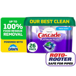 Cascade Platinum Plus purple tub with green lid, 26 pacs badge and Roto-Rooter safe-for-pipes badge