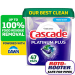 Close-up of Cascade Platinum Plus purple tub with green lid, 47 pacs badge and Roto-Rooter safe-for-pipes label.